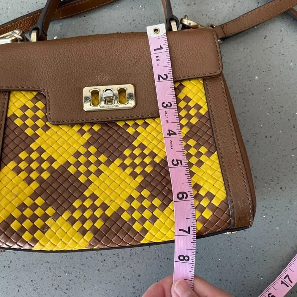 Michael Kors Mini Bag Karson Satchel Woven Brown Yellow Leather crossbody